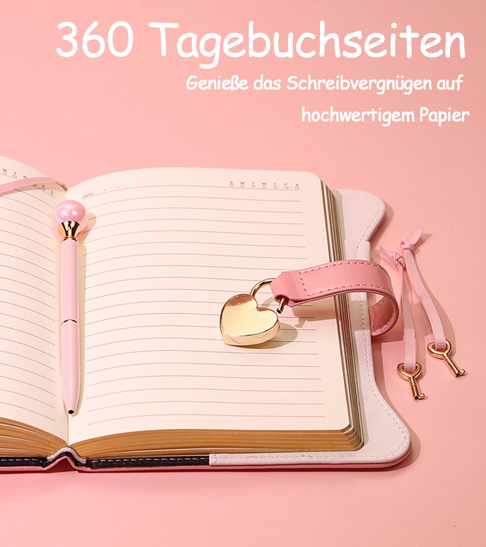 Tagebuch mit Schloss für Mädchen – 360 Goldschnitt-Seiten, nachfüllbar im B6-Format, inkl. Stift und Lesezeichen-Rosa