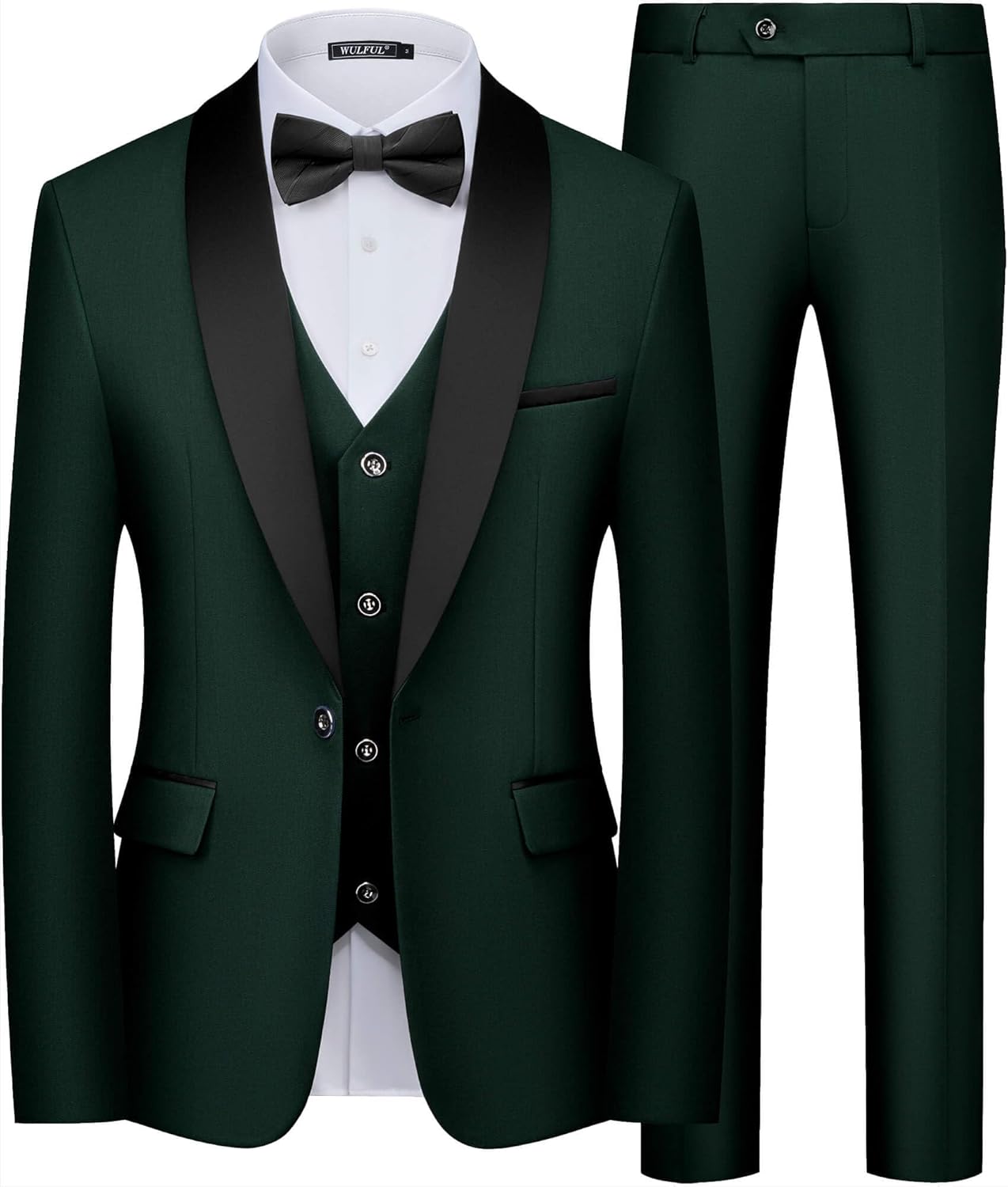 WULFUL Men's 3 Piece Suits Slim Fit Tuxedo Suit Set One Button Shawl Lapel Blazer Jacket Vest Pants Set for Prom, Business