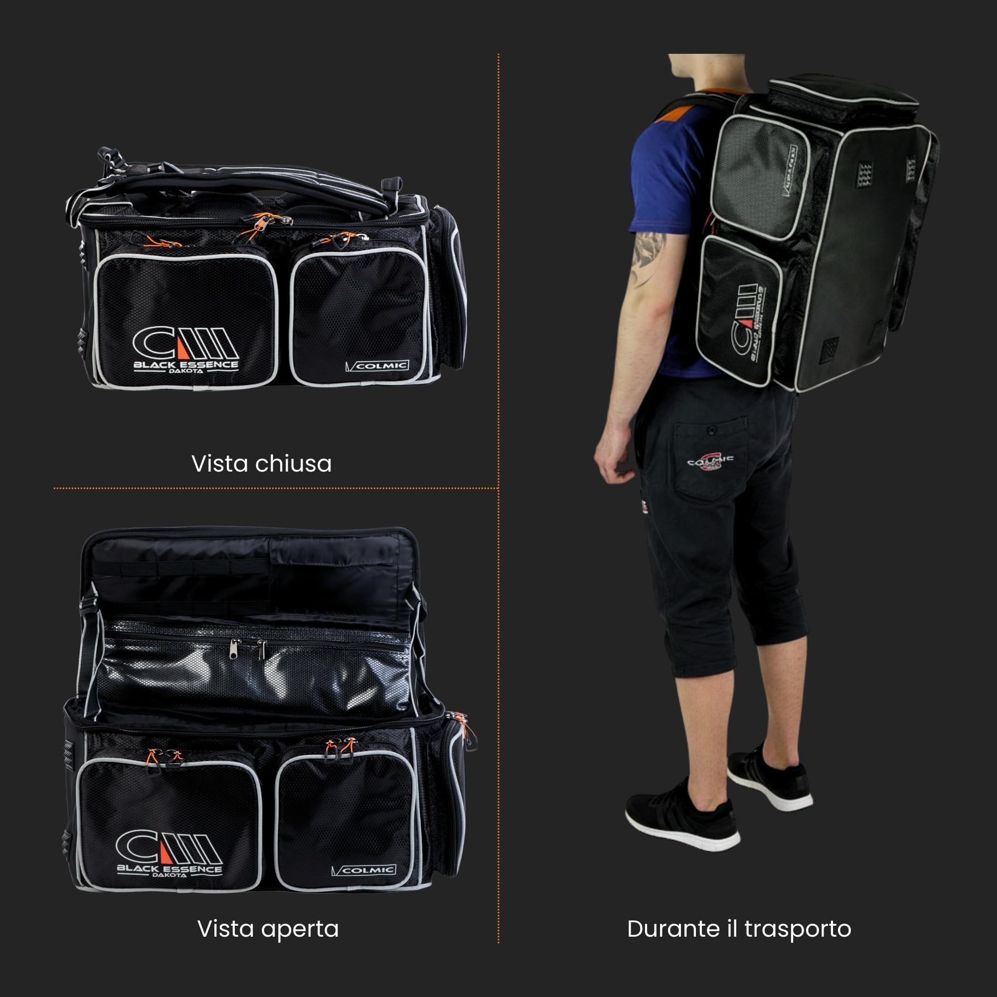 Colmic Black Essence – Borsone Tecnico da Pesca e Sport, Tessuto High Performance, Tasche Multiple, Viaggio, Fitness e Piscina – Borsa Sportiva