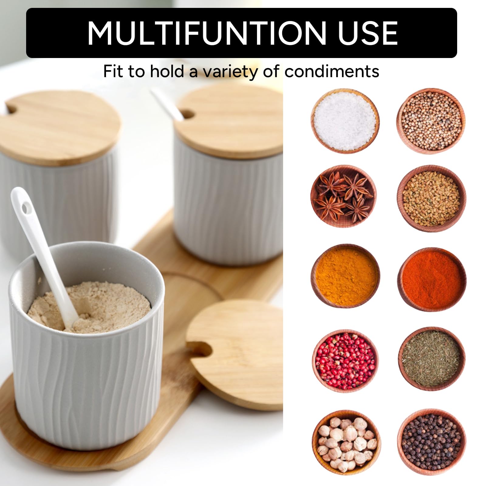 3er Set Keramik Gewürzdosen Zuckerdose Zucker Schüssel mit Löffel Deckel Salzdosen Gewürzgläser Set Vorratsdose Gewürzbehälter mit Holztablett für Tee Zucker Salz Gewürze Zuhause und Küche (B)