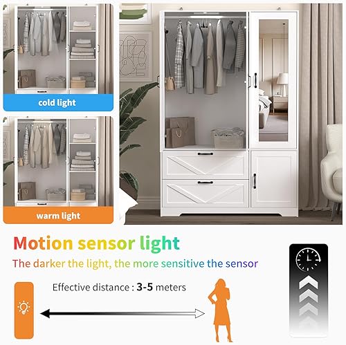 Miniatura 3 de Armario Armario con puerta de espejo, 3 puertas, Armario de dormitorio de granja con cajones y estantes ajustables, Armario de madera con barra para