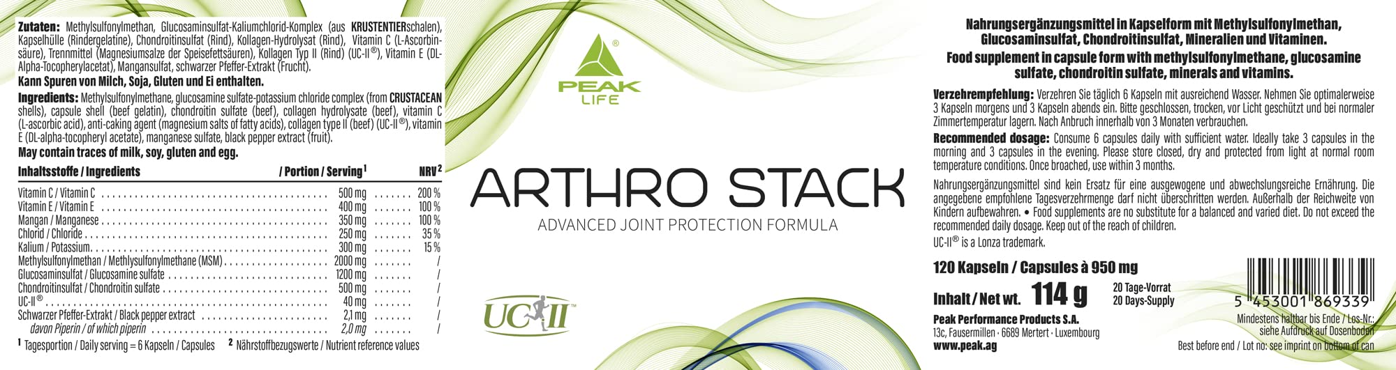 PEAK Arthro Stack - 120 Kapseln I 30 Portionen I mit Glucosaminsulfat, Chondroitinsulfat, Methyl-Sulfonyl-Methan, Methyl-Sulfonyl-Methan (MSM) und Kollagenpeptiden UC-II