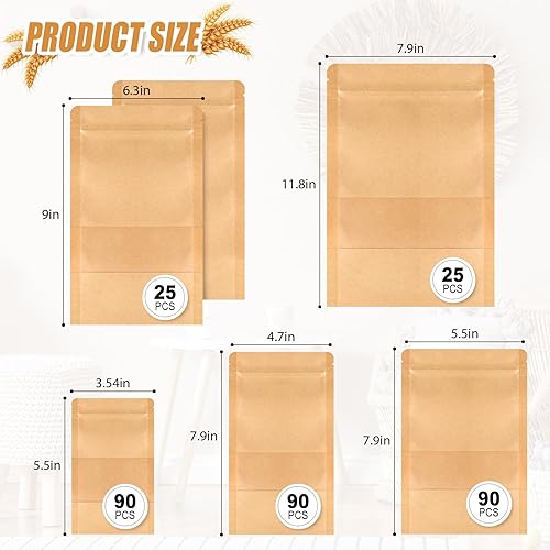 Miniatura 2 de Qilery 320 bolsas de papel kraft con ventana resellables, bolsas de papel con cierre de cremallera, juegos de recipientes para té, café, alimentos,