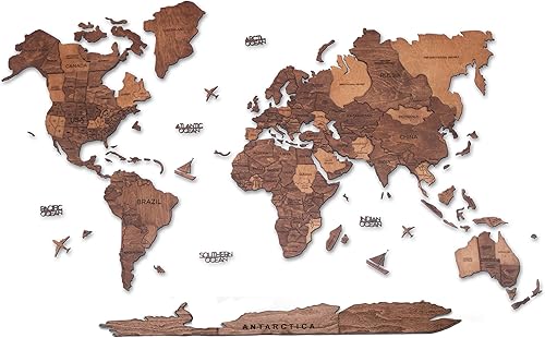 AWESOMETIK Mapa del mundo de madera 3D de roble, mapa del mundo 3D, fácil instalación con cinta de doble cara, incluye complementos, madera