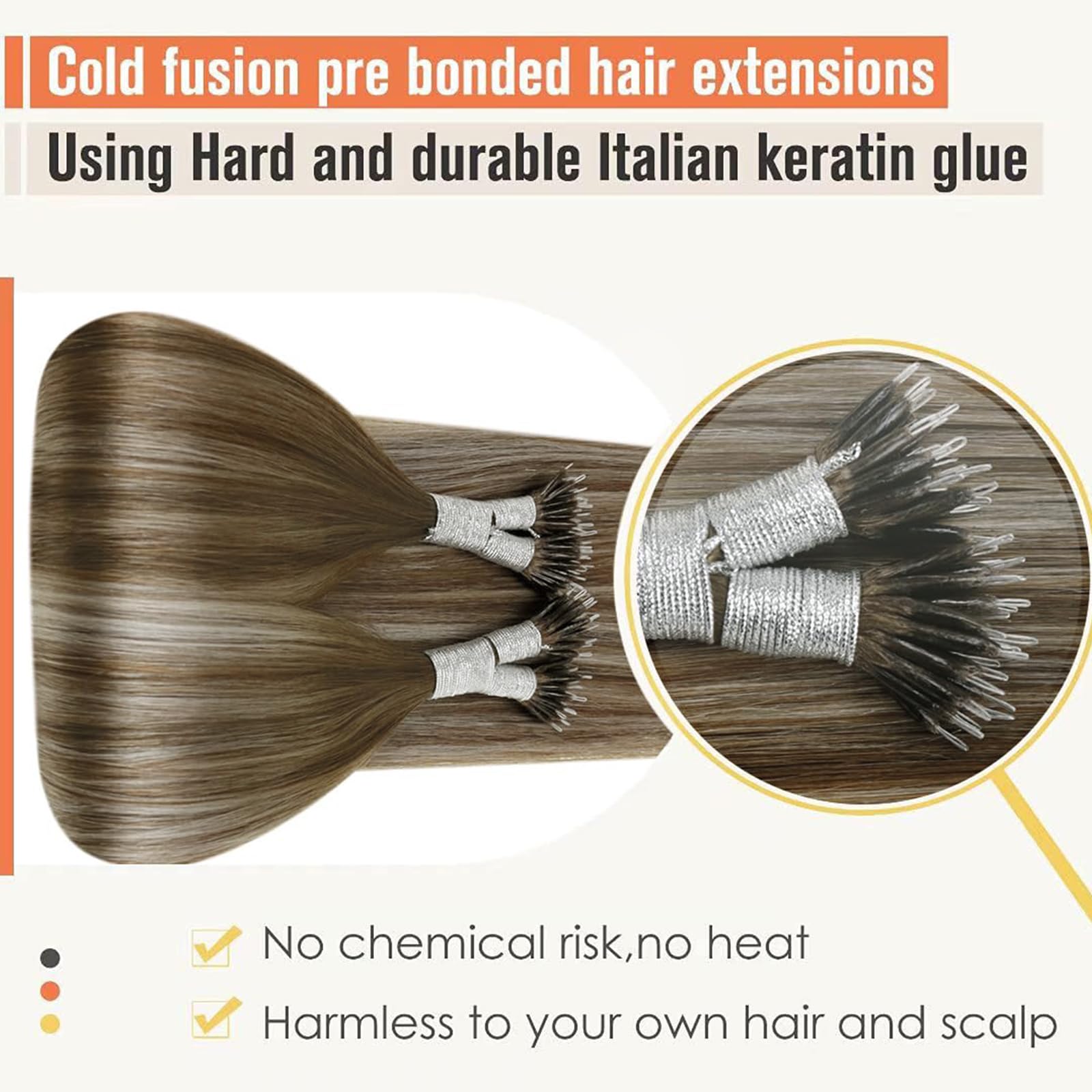LaaVoo Nano Hair Extensions Real Human Hair Brown Nano Beads Hair Extensions 20 Inch Balayage Light Brown to Light Blonde Invisible Nano Ring Straight Remy Hair 50g 50s #8/60/8 - Image 3