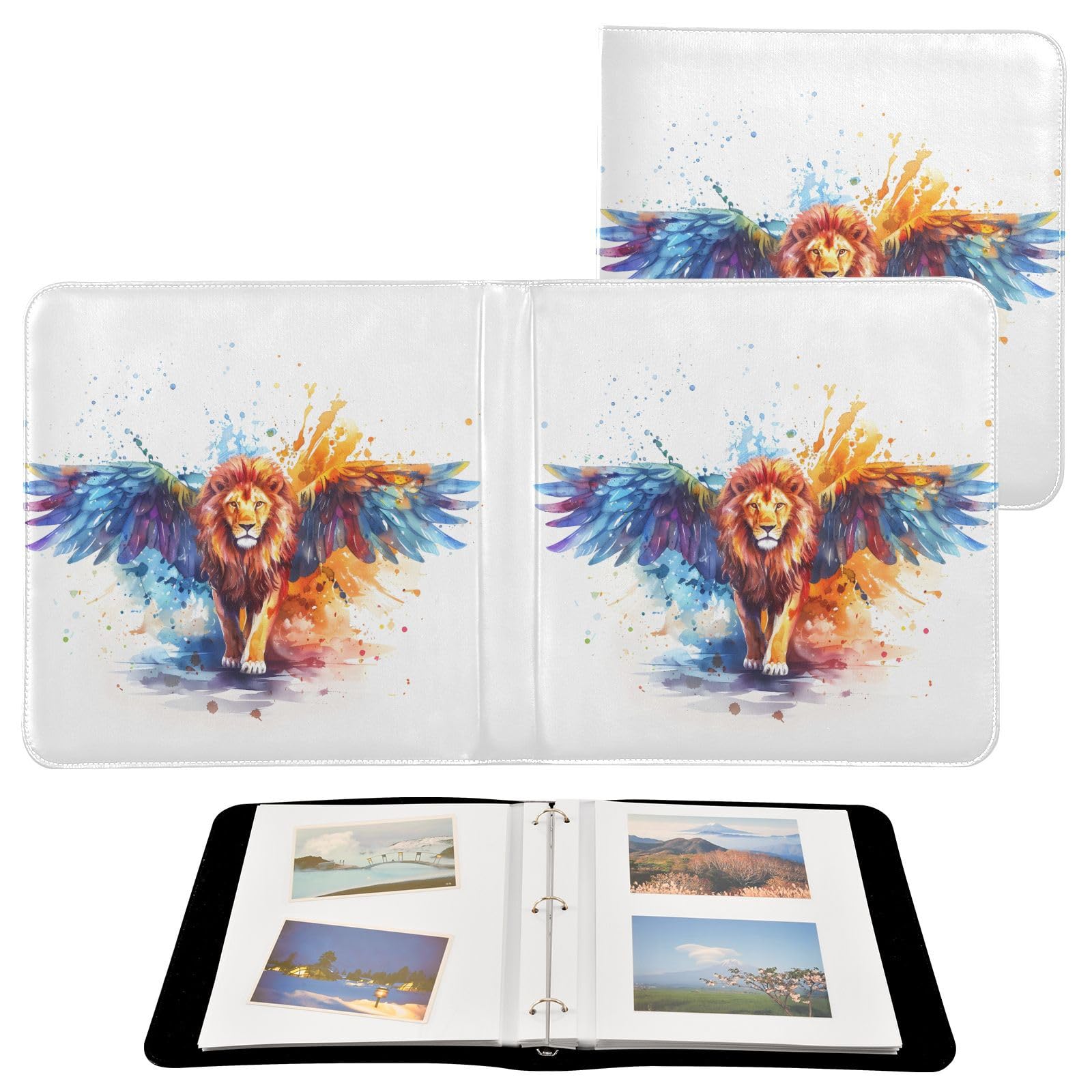 JIPONI Lion&color Wing Large Photo Album, DIY Leather Cover Scrapbook Albums for 4x6 5x7 6x8 Pictures, Self Adhesive Memory Book for Wedding, Baby, Family