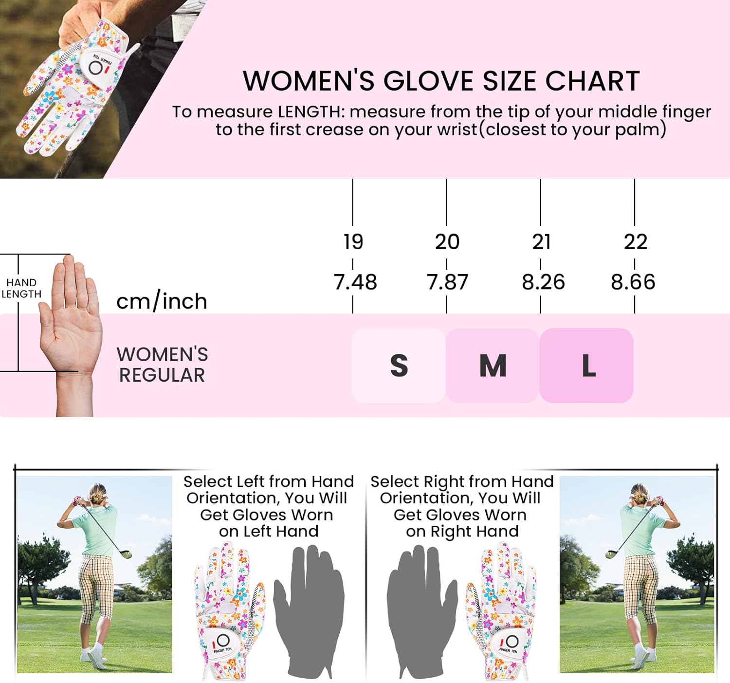 FINGER TEN Ladies Golf Gloves Left Right Hand 1 Pack, Golf Glove for Women's Golfer Lh Rh All Weather Grip, Size Fit Small Medium Large XL - Image 6