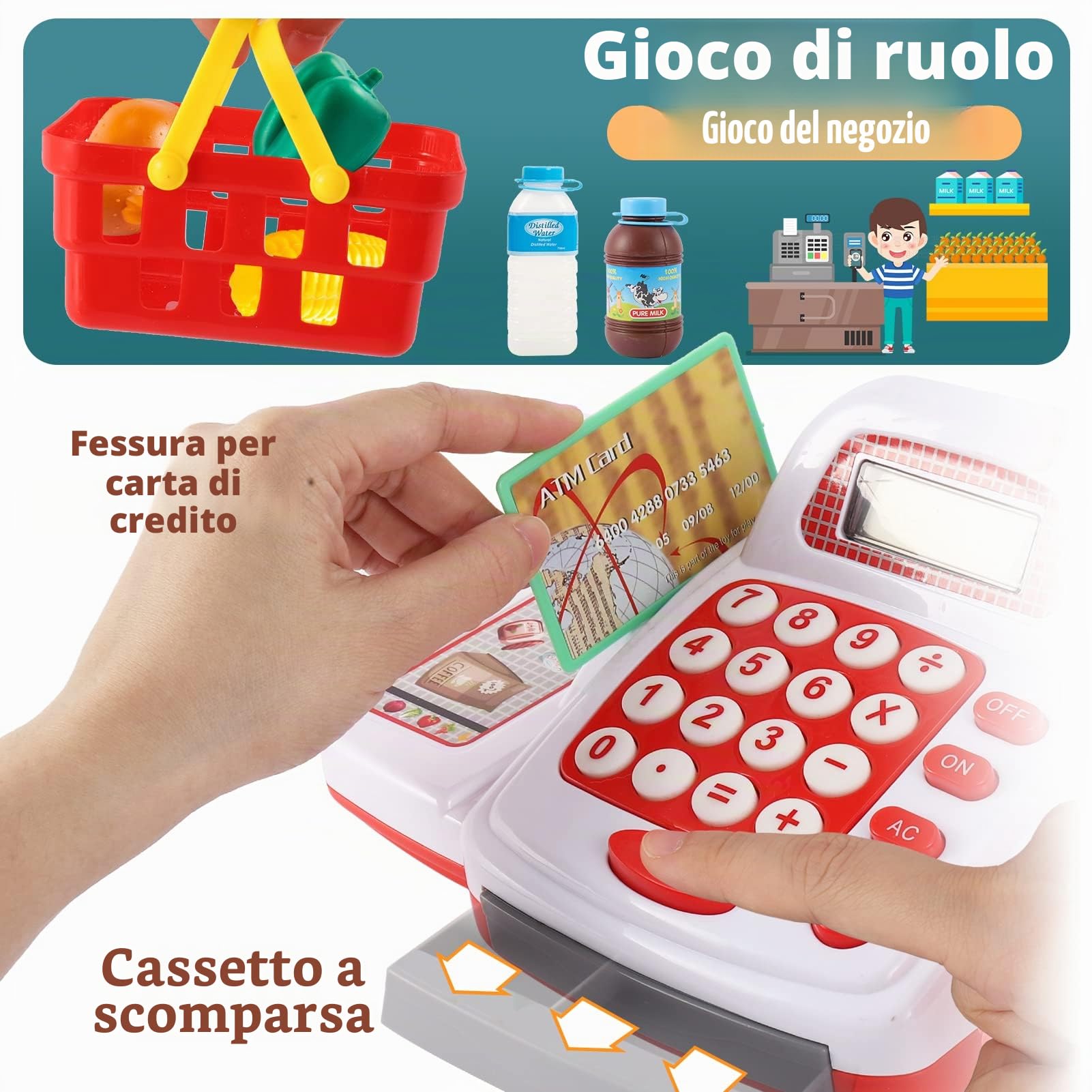TOEY PLAY 39 Pezzi Registratore di Cassa Supermercato Giocattolo Scanner, Negozi e Accessori Giochi d'Imitazione Regalo per Bambini 3 4 5 6 Anni