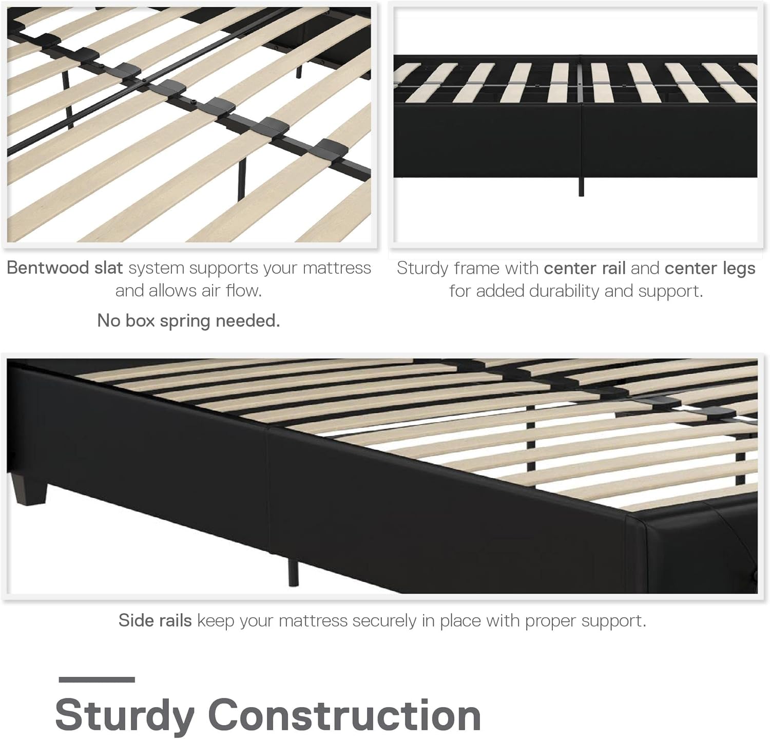 Close-up of the bentwood slat system and center support legs