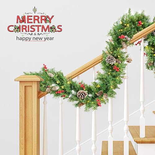 Miniatura 6 de TigeJoy Guirnalda de Navidad preiluminada de 9 pies con luces LED cálidas, guirnalda de pino esmerilado con bayas rojas y piñas largas de cedro, 8