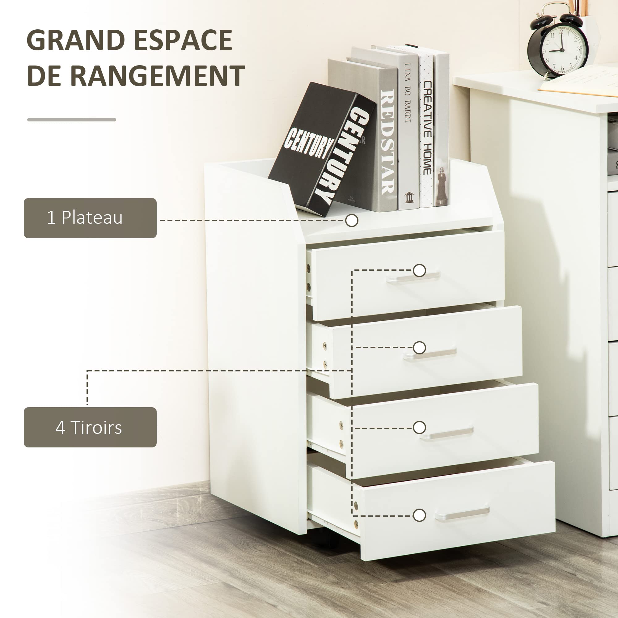 Vinsetto Caisson de bureau rangement sur roulettes 4 tiroirs coulissants MDF et panneaux de particules dim. 40L x 36l x 65H cm blanc