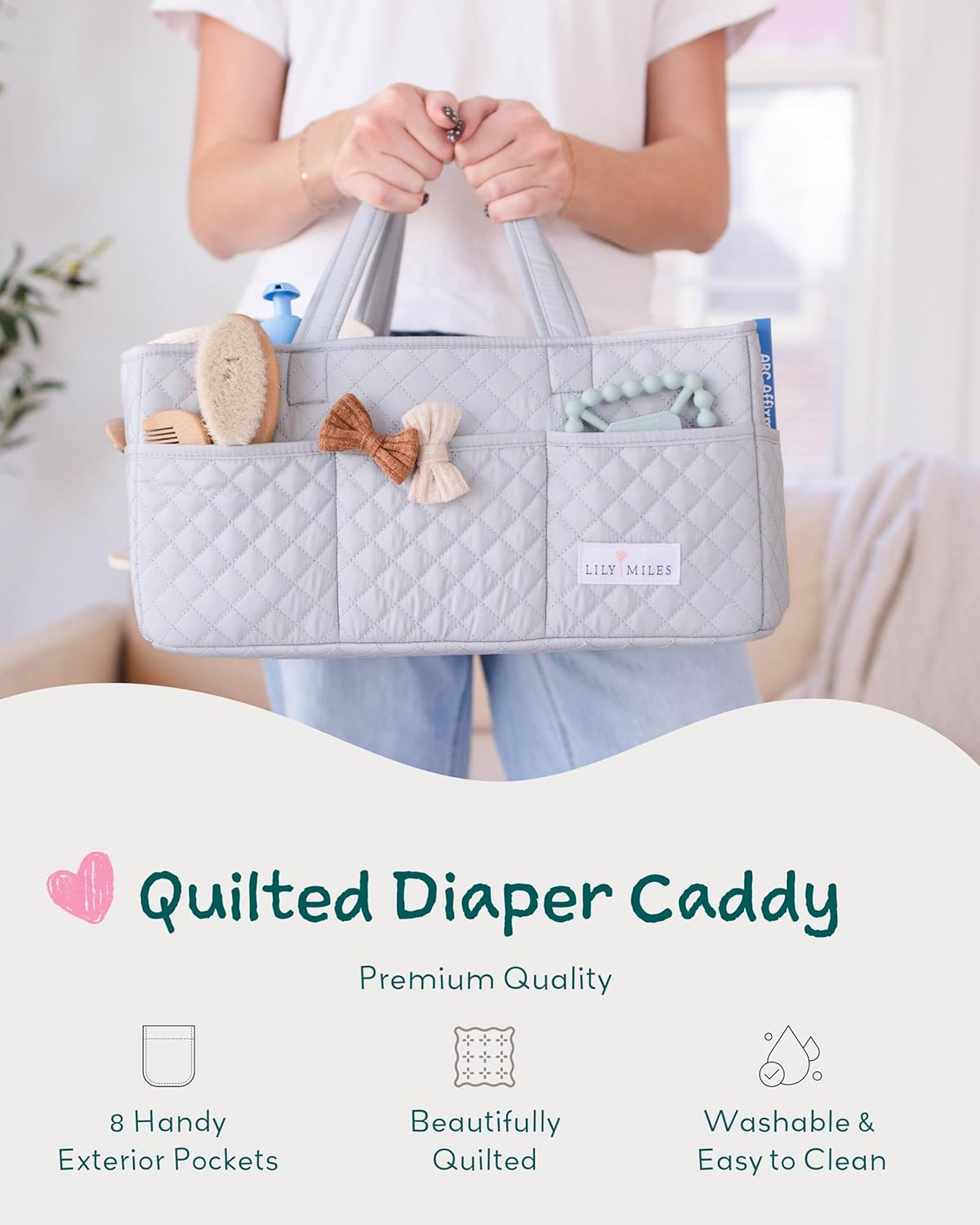 Lily Miles Baby Diaper Caddy Organizer, Nursery Storage Tote for Newborn Essentials and Diaper Change Station, Gift for Baby Shower and Registry Must-Have (Heather Gray)