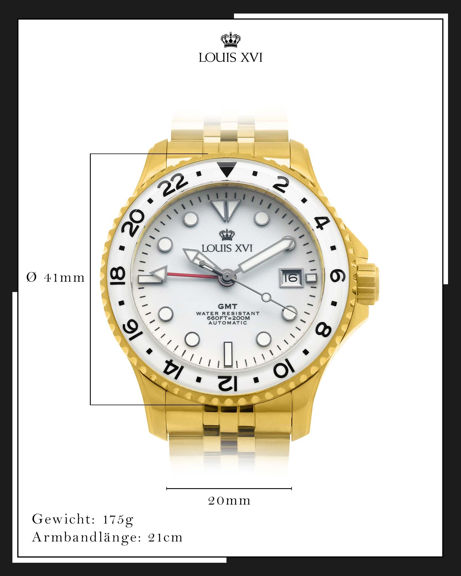 LOUIS XVI Mirabeau GMT 1431 - Ø 41 mm - Herren Uhr - Wasserdicht - Uhr mit Saphirglas - Armband Gold - Zifferblatt Weiss - Automatikuhr