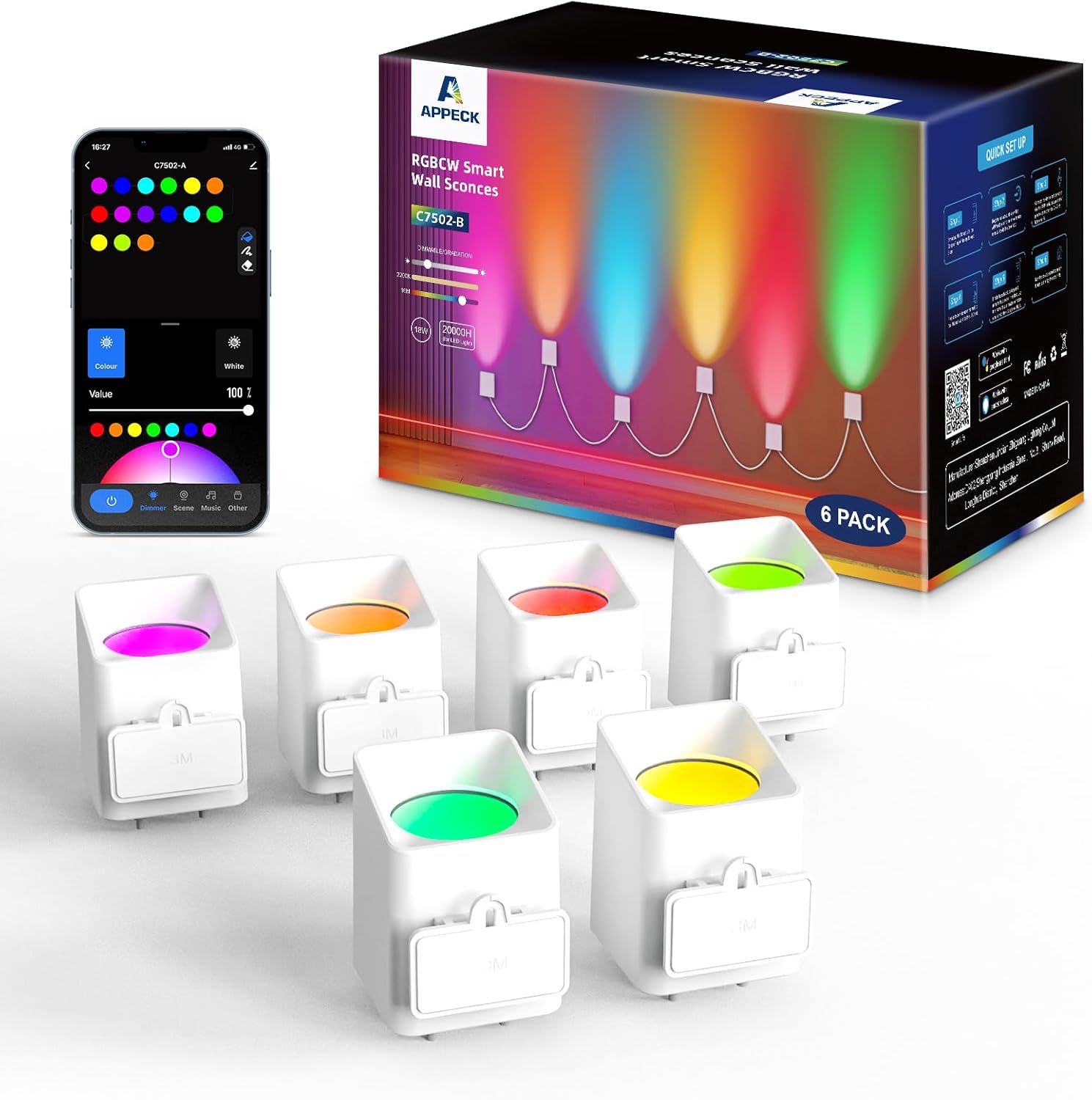 APPECK RGBCW Smart Wall Sconces - 54 Dynamic Scene WiFi Wall Lights Compatible with Alexa, Music Sync and Timer Function, Indoor Light Fixture for Party Living Room, Bedroom, Decoration(6 Pack)