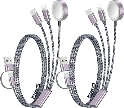 2Pack Multi Fast Charging Cable for Travel Vacation Essentials,Apple Watch Charger,iPhone 17 Charger,[3-in-2] USB A/Type C/Lightning Cable for iWatch,iPhone 17-11,Xbox Series X&S,Airpods,Home,Office