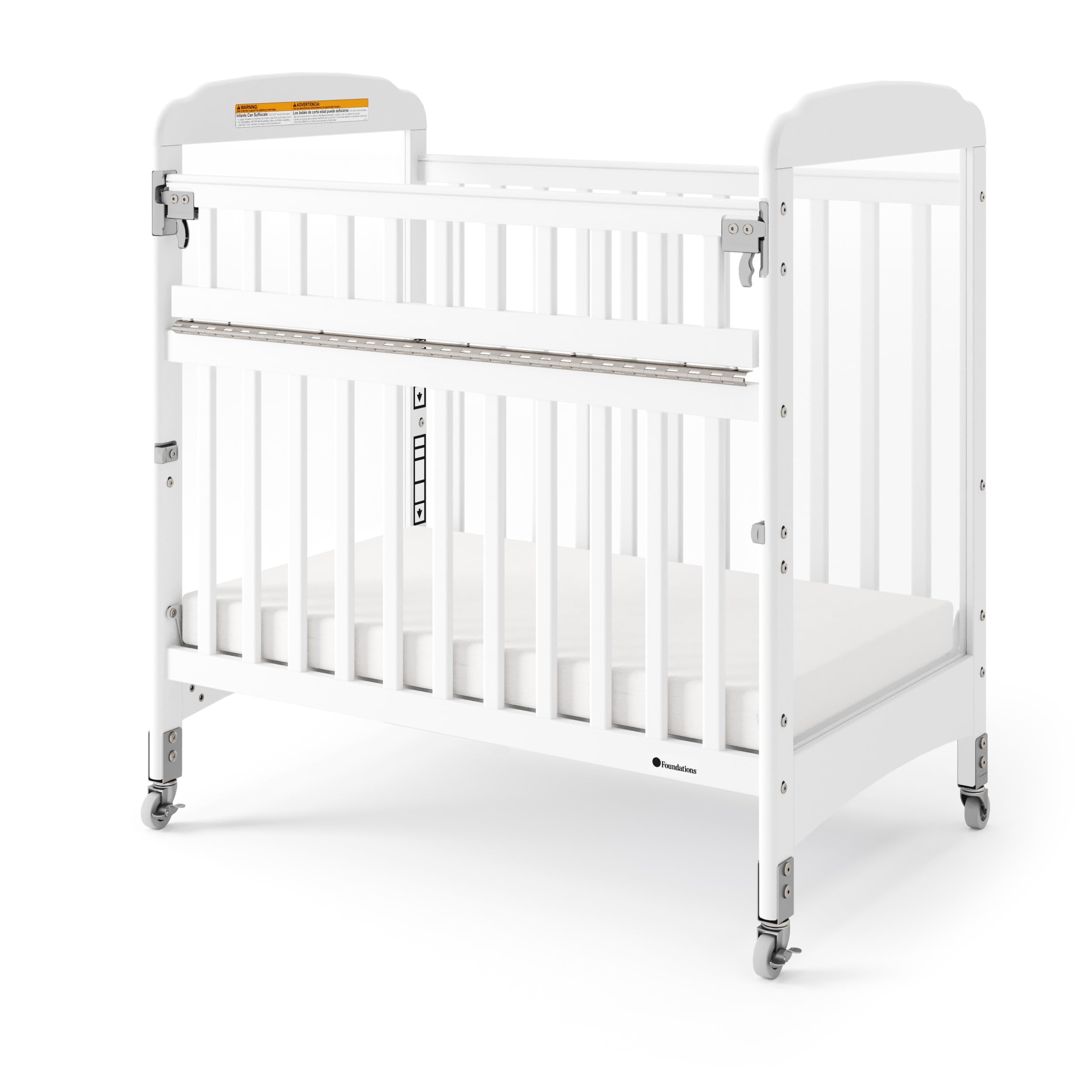 Foundations Serenity White SafeReach Clearview Crib with Adjustable Mattress Board, Compact Wooden Baby Crib with Commercial Grade Casters, Clear End