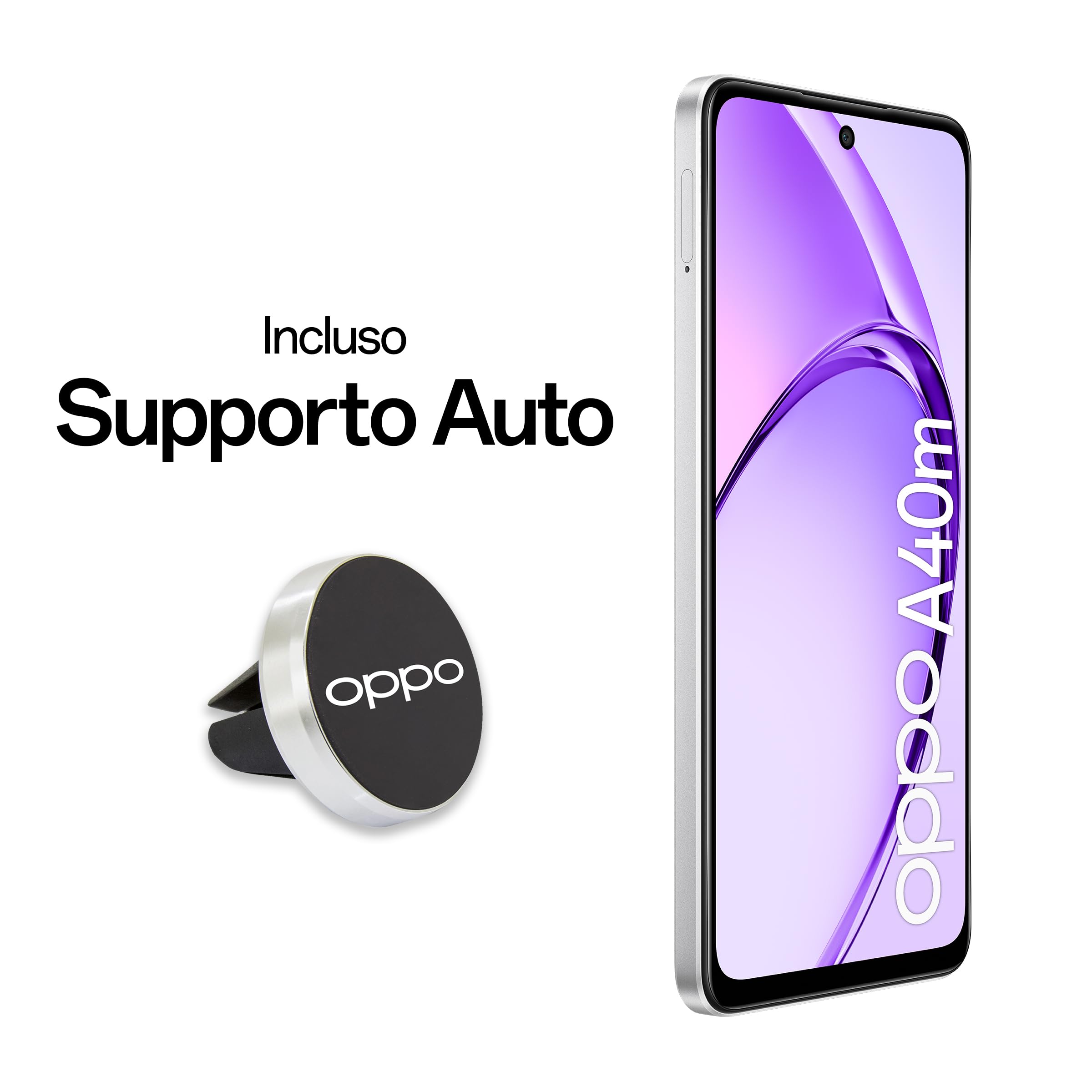 OPPO A40M Smartphone, Fotocamera AI 50MP, Selfie 5MP, Display 6.67” 90HZ LCD HD+, 5100mAh, RAM 16GB (8+8) +ROM 256GB (esp1TB), IP54, Supporto Auto [Versione Italia], Starlight White