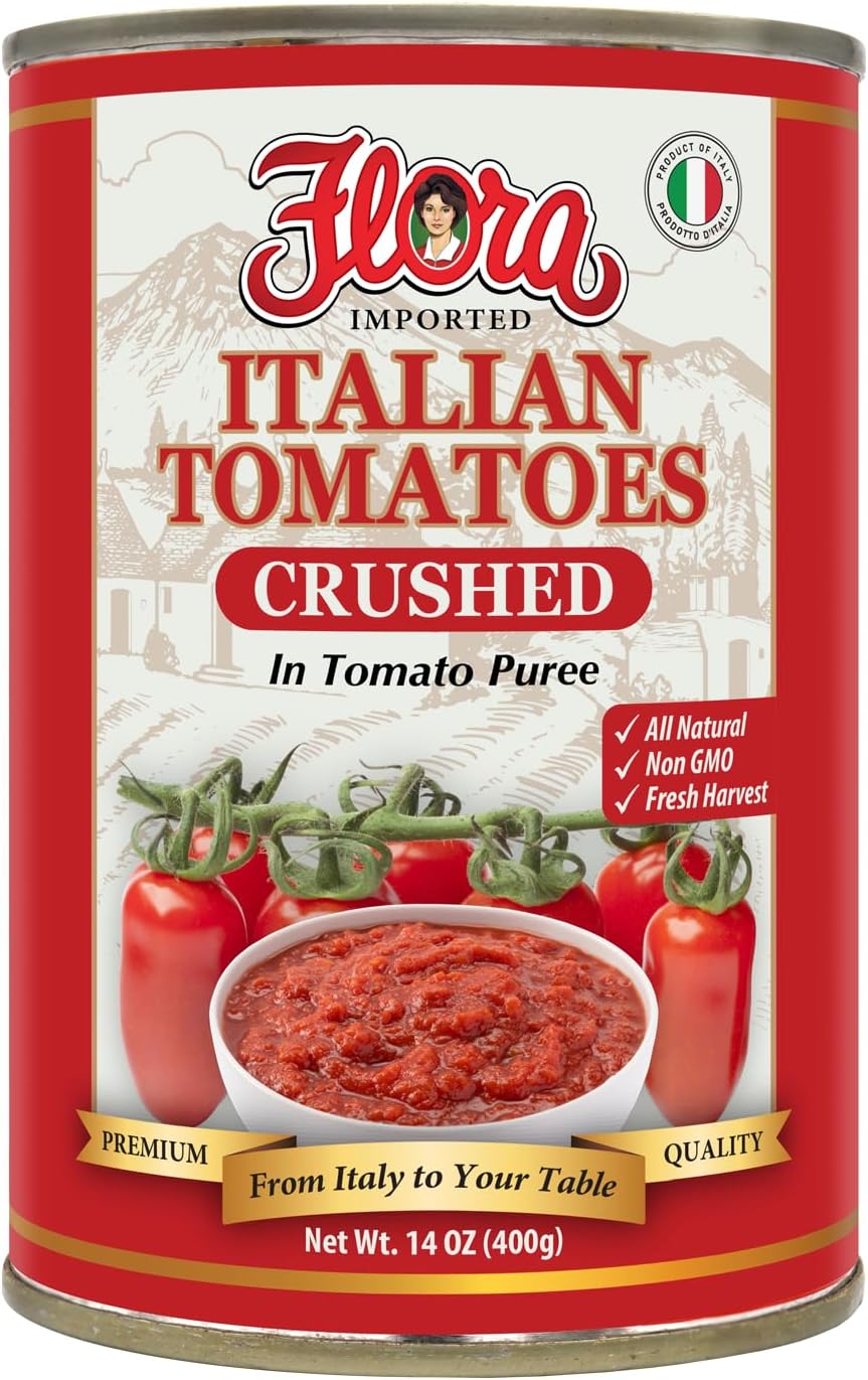 Flora Imported Italian Crushed Tomatoes in Tomato Puree – 100% Italian, All Natural, Non-GMO, Fresh Harvest – 14 oz (400g) Can