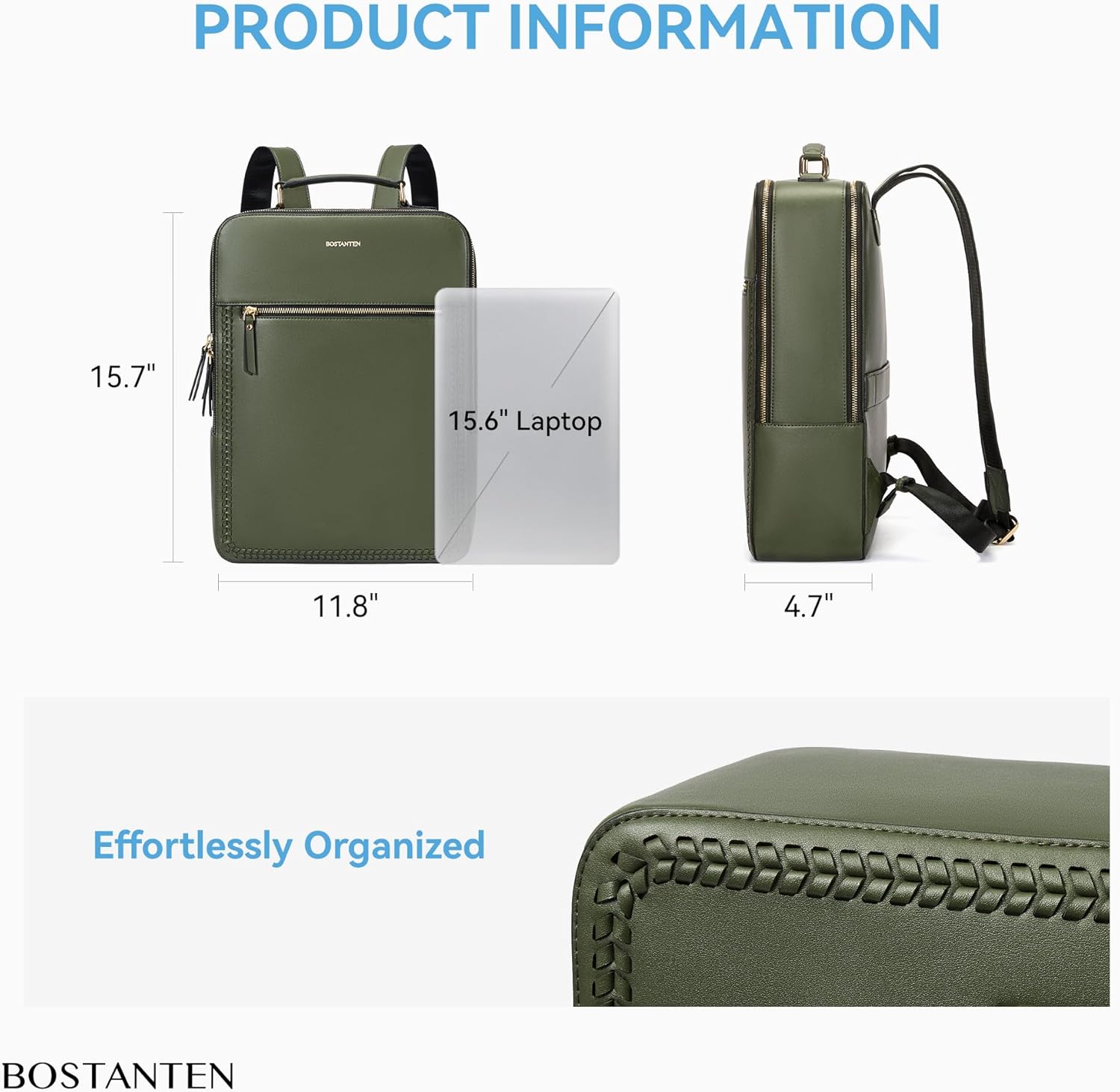 BOSTANTEN Leather Backpack 15.6 inch Laptop Bag Travel Casual Computer Backpack College Business Work Shoulder Bags with Trolley Sleeve for Women Men Olive Green - Image 4