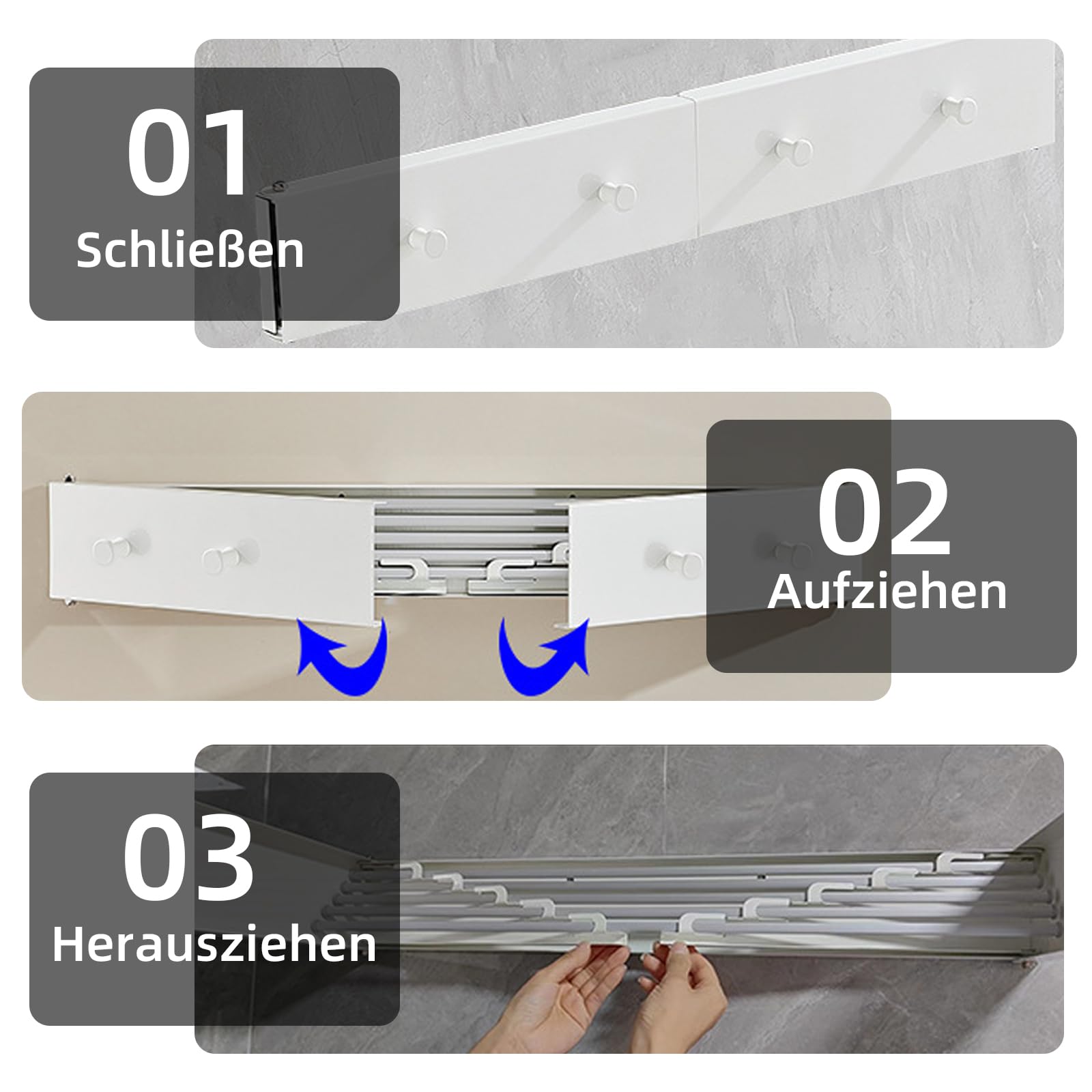 TWSOUL Séchoir à linge mural avec 4 barres, 50 cm, extensible, pliable, peu encombrant, en acier au carbone, pour salle de bain, balcon, terrasse (blanc avec crochets)
