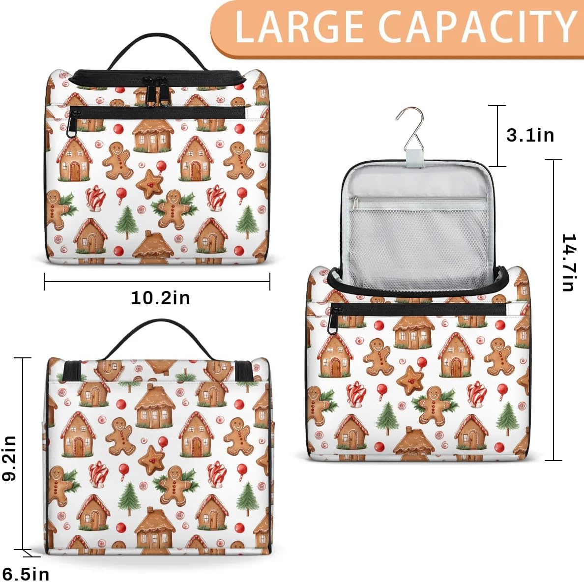 cfpolar Gingerbread Castle Winter Toiletry Bag for Women, Hanging Travel Toiletry Bag, Water-resistant Cosmetic Makeup Organizer for Toiletries and Cosmetics, Bathroom Shower Bag with Handle and Hook