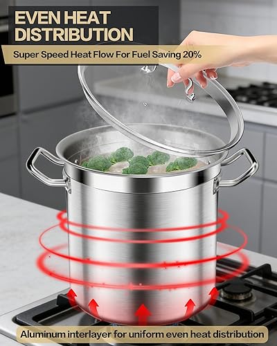 Miniatura 4 de Olla de acero inoxidable de 20 cuartos de galón con tapa de vidrio templado, base de 3 capas, 8.8 libras, acabado pulido, adecuada para estufa y