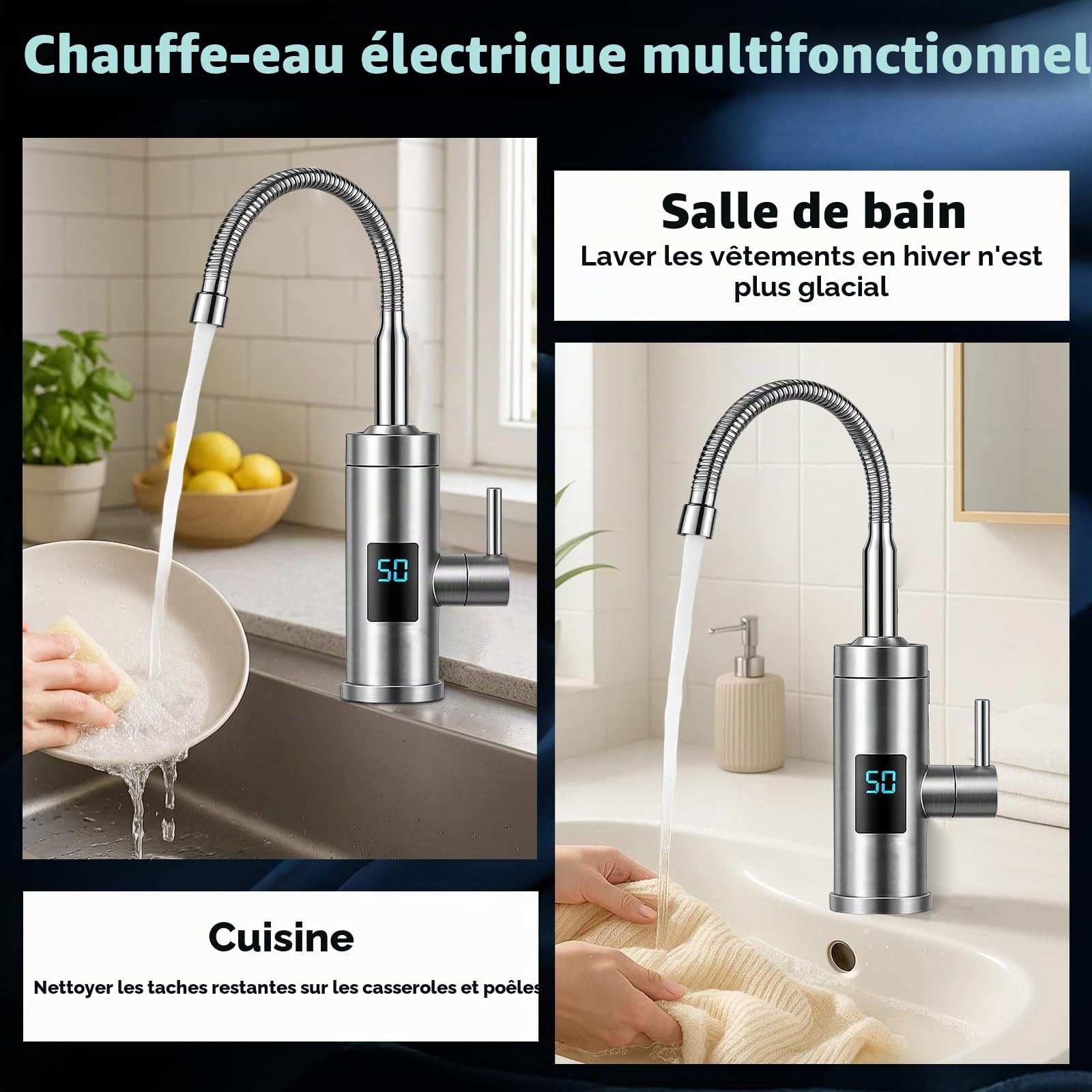 Robinet avec Chauffe-eau Instantané, 3000W Inoxydable Chauffe-eau Electrique, 360° Affichage de la Température LED, Chauffe-eau pour Cuisine et Salle de Bain pour Caravane de Jardin Potager, Max. 60℃