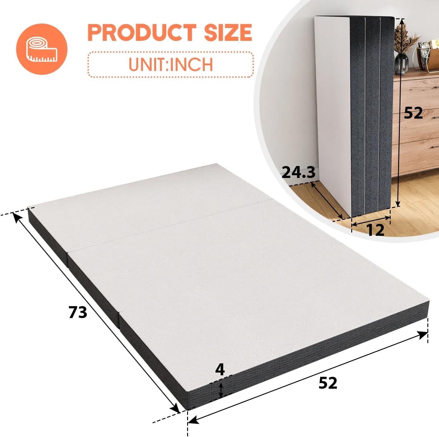 Portable Tri-Fold Memory Foam Mattress Topper - 4 Inch, CertiPUR-US Certified - Ideal for Camping, Guest, RV - Washable Cover, Non-Slip Bottom - Full Size