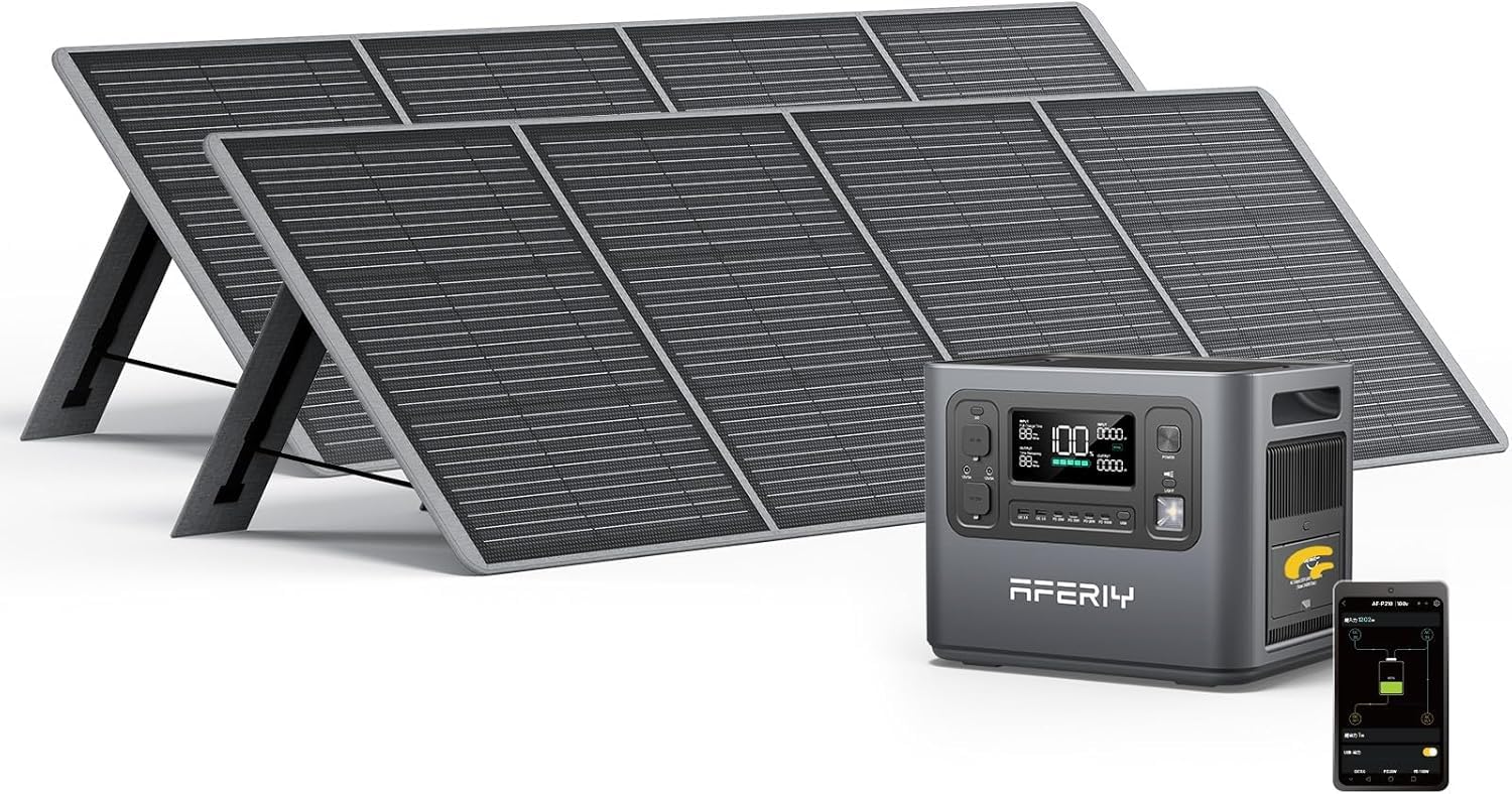 AFERIY Generatore solare 2400 W con 2 pannelli solari da 200 W, stazione di alimentazione portatile da 2048 Wh (picco da 4800 W), batteria LiFePO4, 220 V-240 V, pannello solare pieghevole con USB