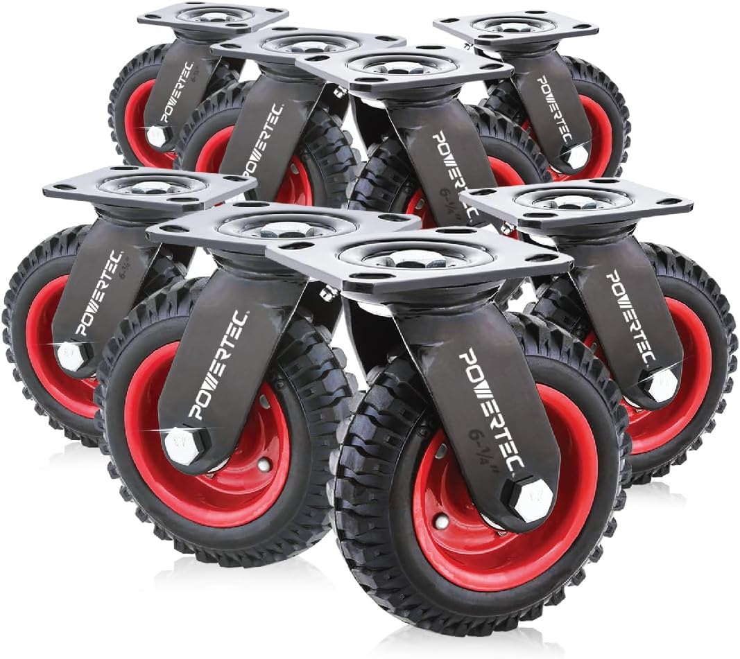 POWERTEC 8" Heavy Duty Caster Wheels Set of 4-2 with Dual Locking Brakes - All Terrain Non-Pneumatic Tire, Industrial Grade -Castor Wheels Ideal for Heavy Equipment, Cart, Dolly & Toolbox (17222)