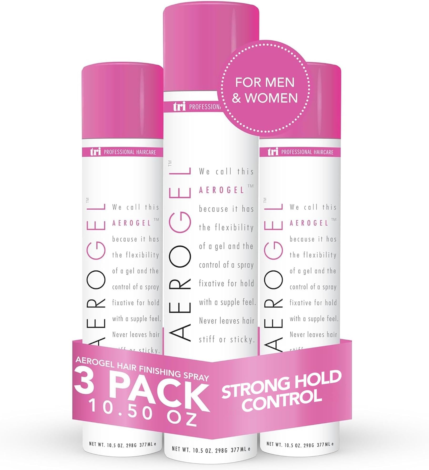 - TRIDESIGN Aerogel Hairspray - Strong Hold Hair Finishing Spray for Volumizing & Control, Flexible Styling for All Hair Types, Non-Sticky and Scented - For Women and Men - Pack of 3 (10.5 Oz)