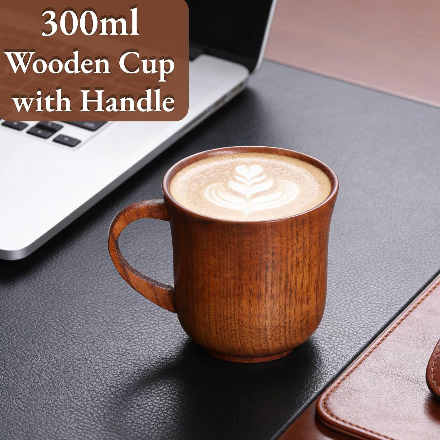 Wooden Mug Cup, 300ml Wooden Coffee Mug Handmade Wood Drinking Cup with Handle for Beer Coffee Tea Hot Drinks