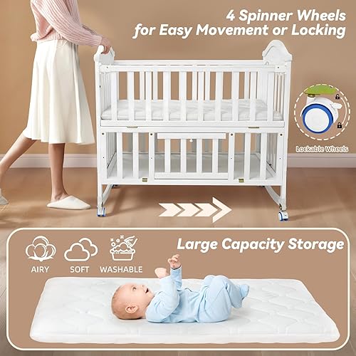 Miniatura 7 de Mini cuna portátil - Cunas para Bebes 4 en 1 Modernas con estante de almacenamiento plegable y colchón incluido, 2025 pequeño bebé de madera al lado