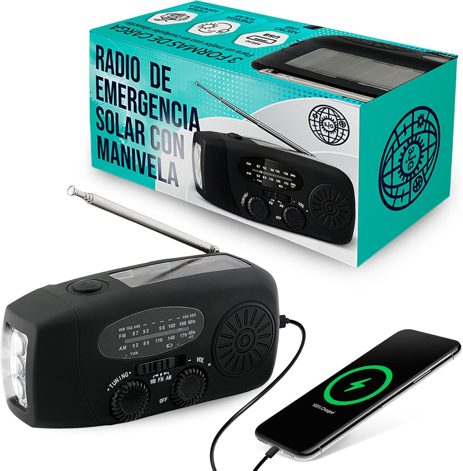 Radio Solar de Emergencia con Manivela, FM/Am, Linterna LED, Cargador de Móviles USB, Batería Recargable 2000mAh, Carga Solar y Manual, Compacta y Portátil para Camping y Supervivencia