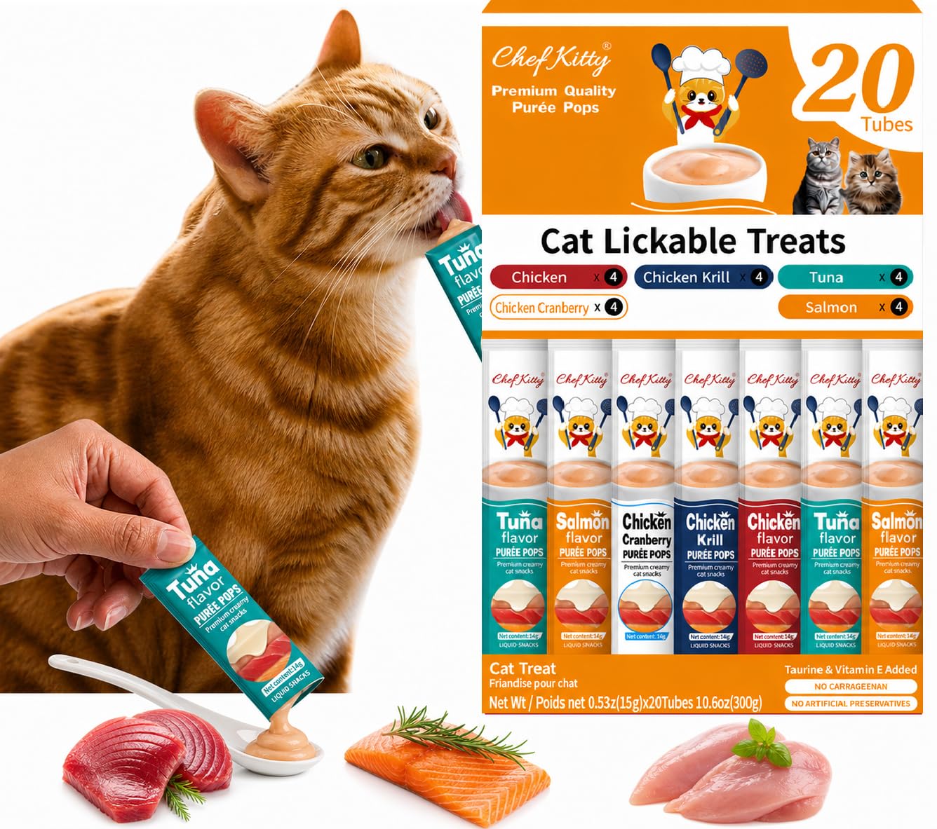 Lickable Cat Treats, Mixed Variety Puree Food Topper, 20 Tubes