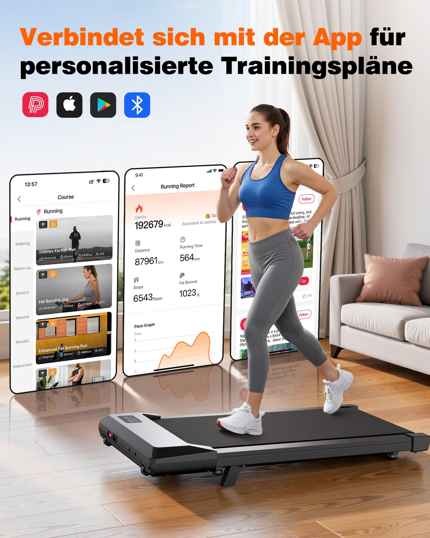 Superun Walking Pad mit Steigung, APP KI-Trainer, leises Büro Laufgerät | Lauffläche 38×100cm, passend für Stehschreibtisch, 6% Steigung, bis 136kg, <55dB leise, App mit KI-Trainer, mobil