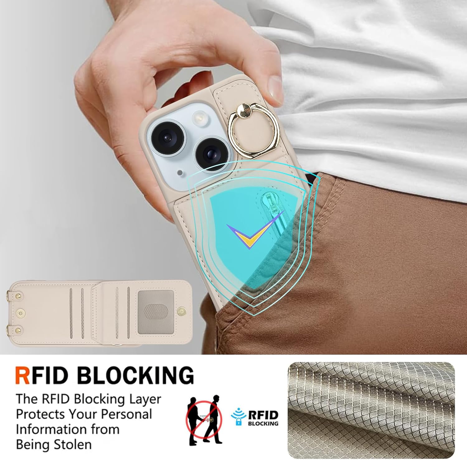 for iPhone 13/14 Wallet Case with Strap Card Slot Holder RFID Blocking Ring Kickstand,Magnetic Flip Folio Zipper Crossbody Purse Case with Lanyard,PU Leather Cover Handbag,Beige - Image 6