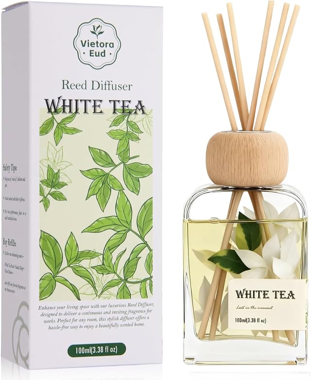 White Tea Essential Oil Reed Diffusers,Luxury Hotel Collection Diffuser Oil Inspired by Westin for Home&Office, Bedroom Living Room Shelf Decor,Bathroom Accessories,Non-Toxic & Gift Ready,3.34 FL OZ