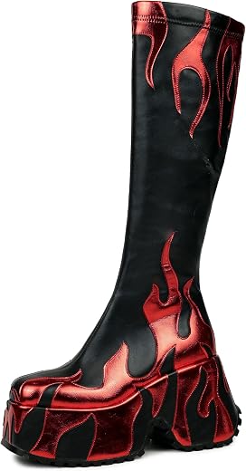 HiColor women’s side zipper high heeled Flames Printing Chunky sole boots Short boots round toe boots