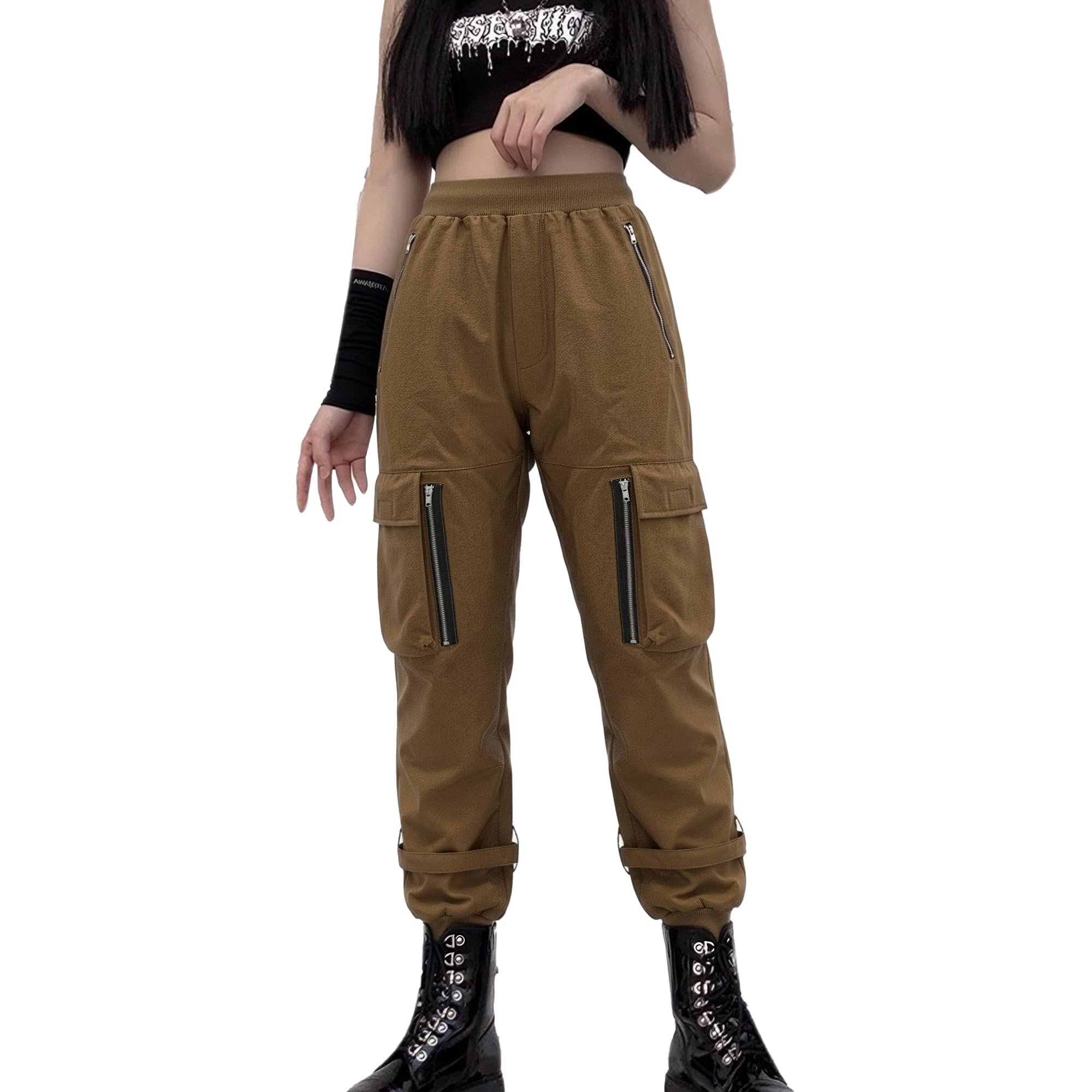 Black Cargo Pants Women Loose Chained Multi-Pocket Multi-Zip Punk Goth Pants