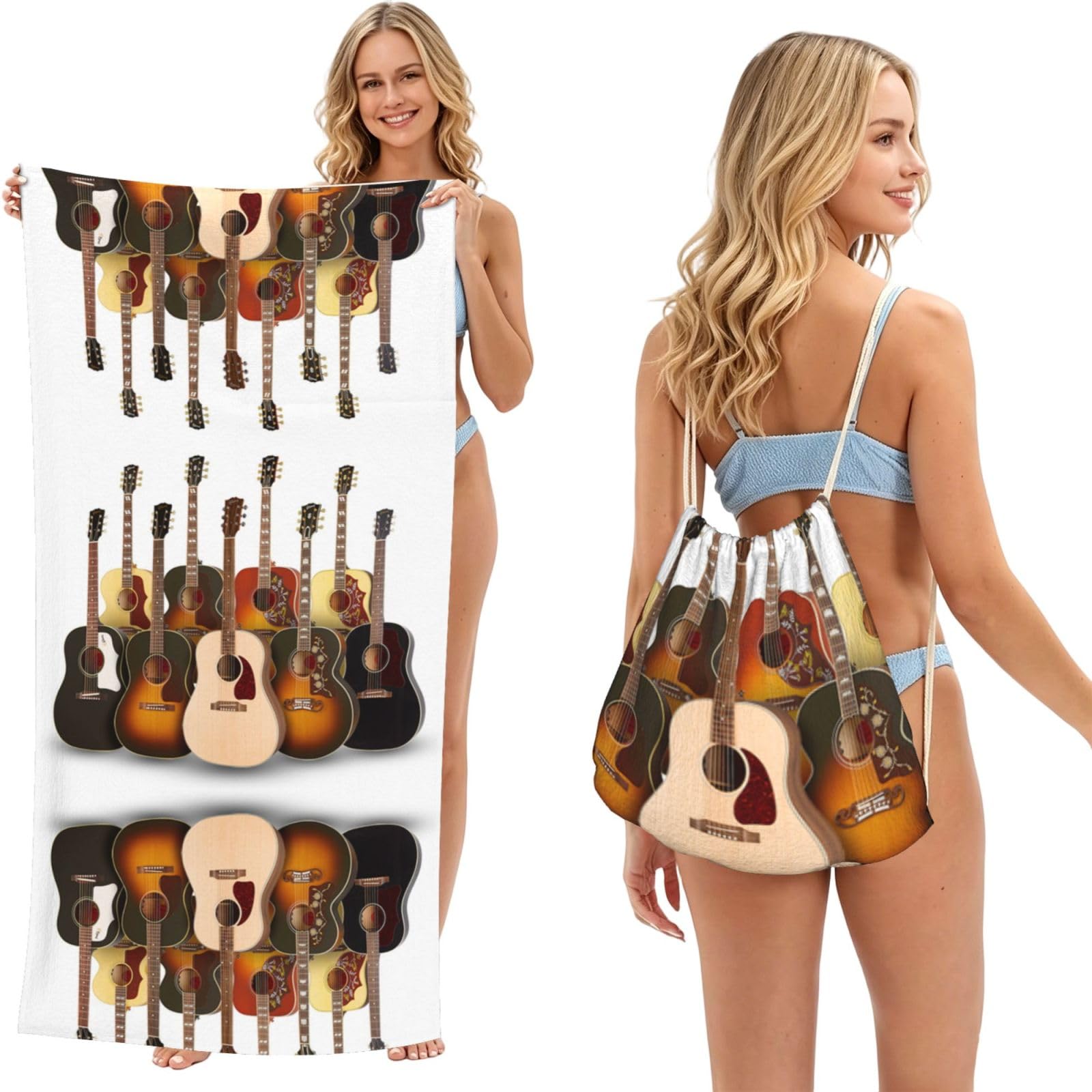 SATUSA Guitar Print 2-In-1 Foldable Beach Towel Backpack â€“ Camping, Yoga And Travel,Bath Towel With Built-In Storage, Convertible Beach Mat & Carry Bag