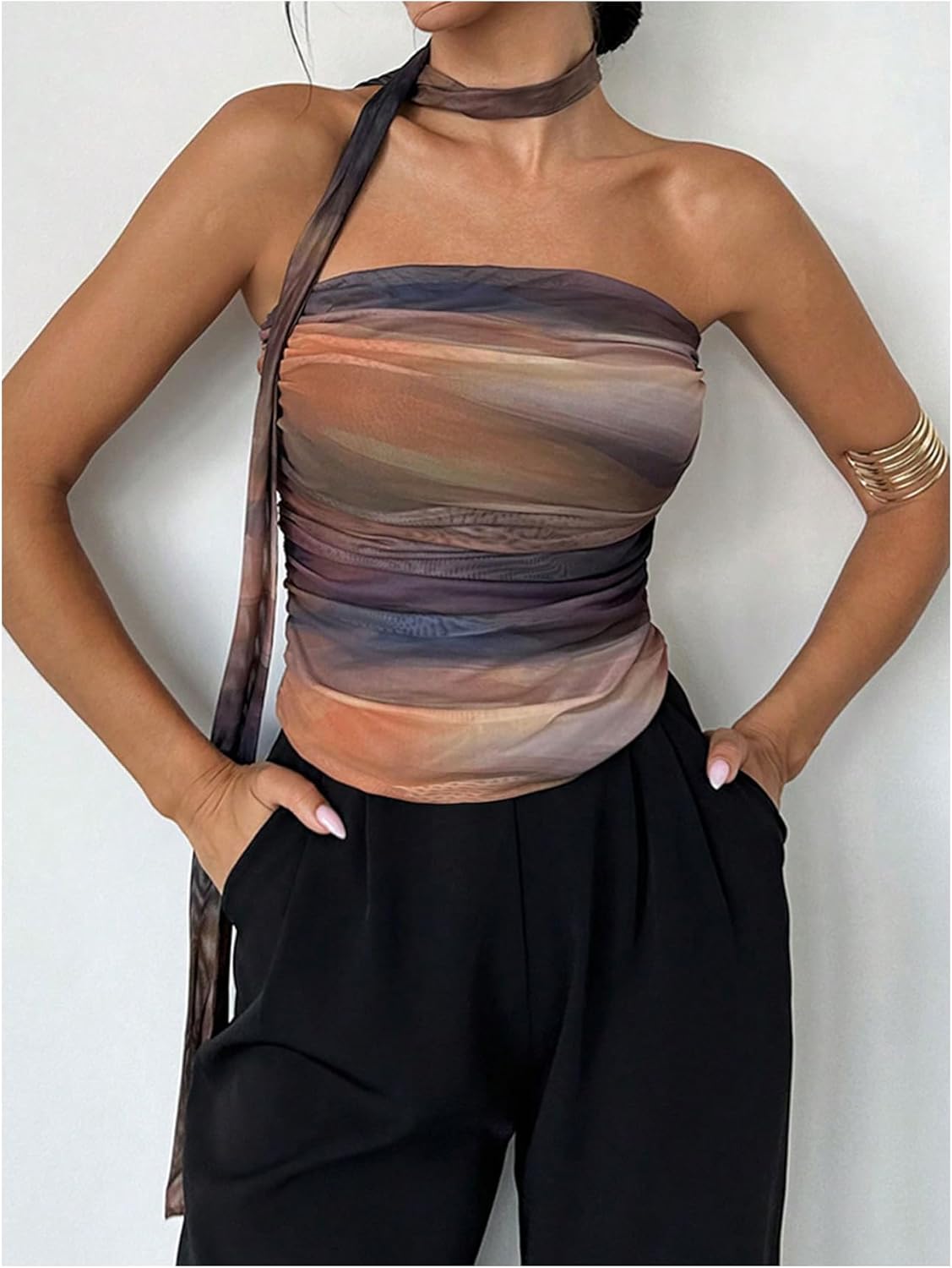 GORGLITTER Women's Tie Dye Ruched Strapless Halter Tube Top Mesh Backless Going Out Bandeau Top with Scarf - Image 4