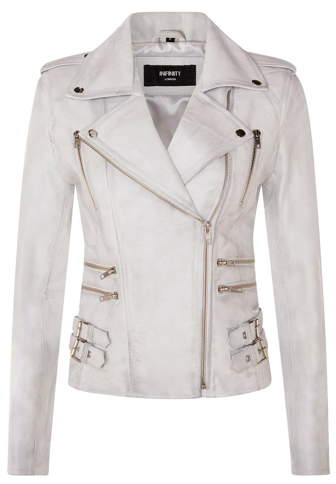 Ladies Retro White 100% Nappa Leather Biker Jacket XS