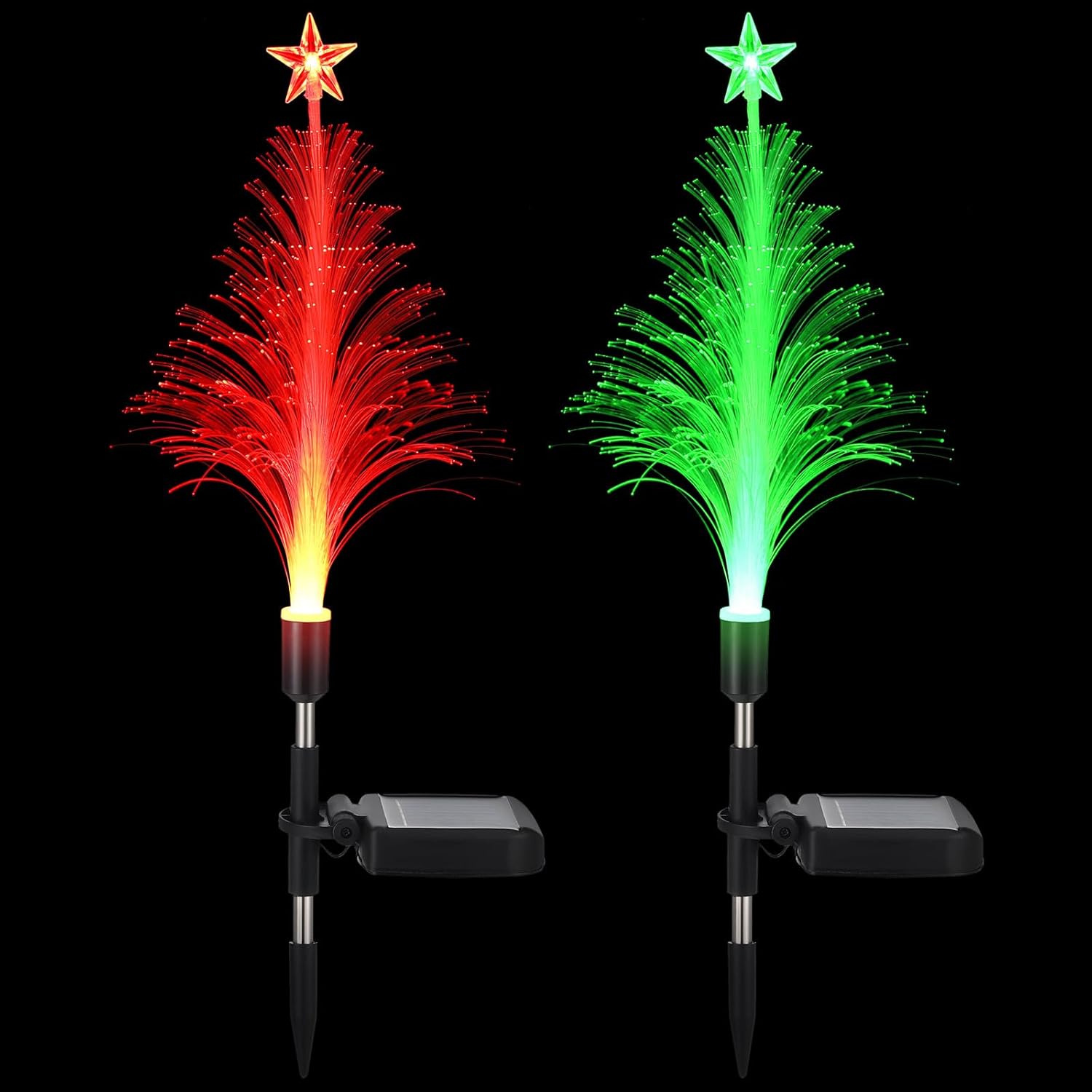 baquler 2 pcs solar christmas tree garden stake lights outdoor christmas tree lighted yard decorations multicolor led solar stakes for pathway lawn patio xmas ornament(bright style) red, green star