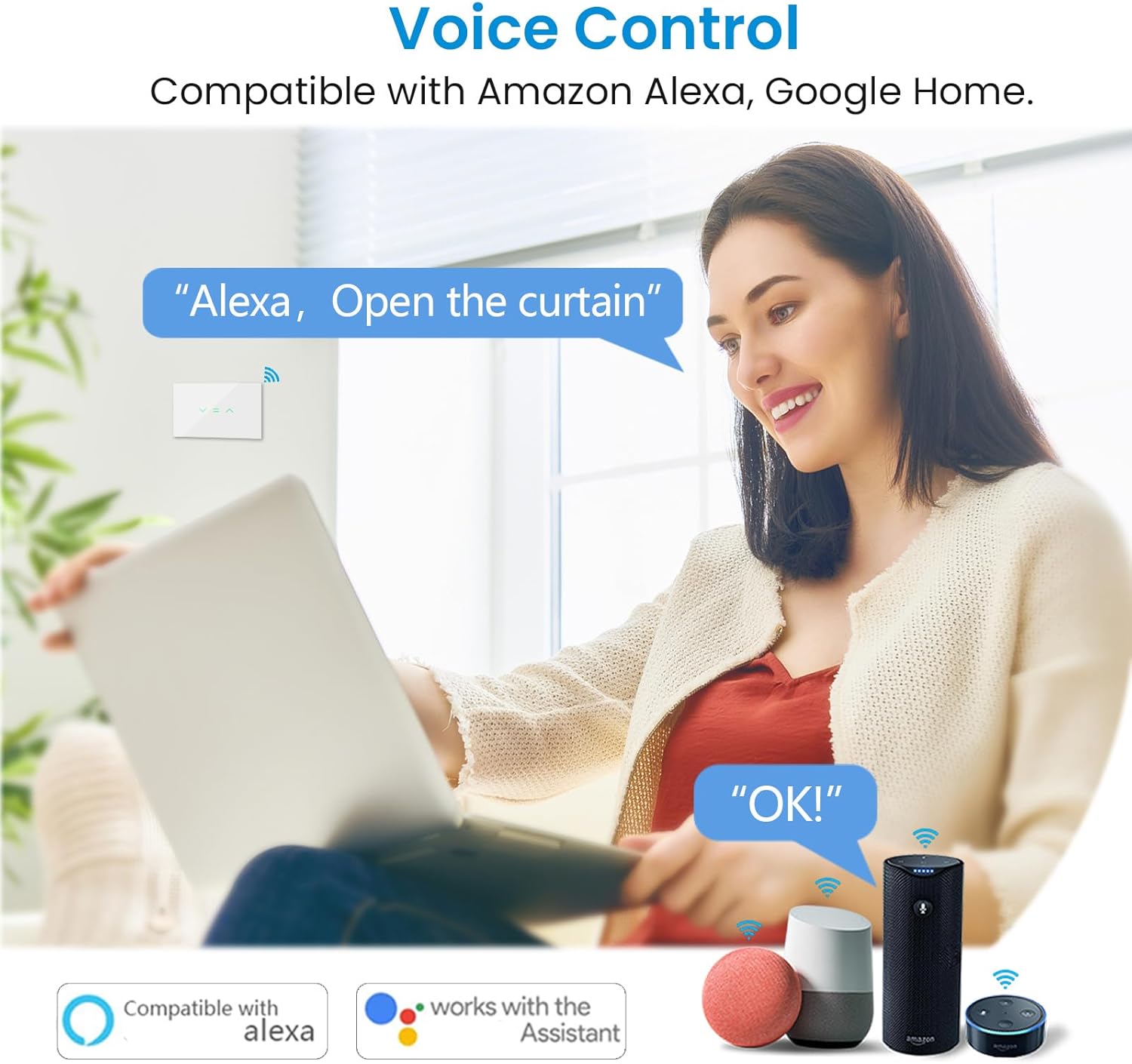 ZMIN US Curtain Blinds Roller Shutter Switch - Backlight Tuya Smart Life App Remote Control Voice White