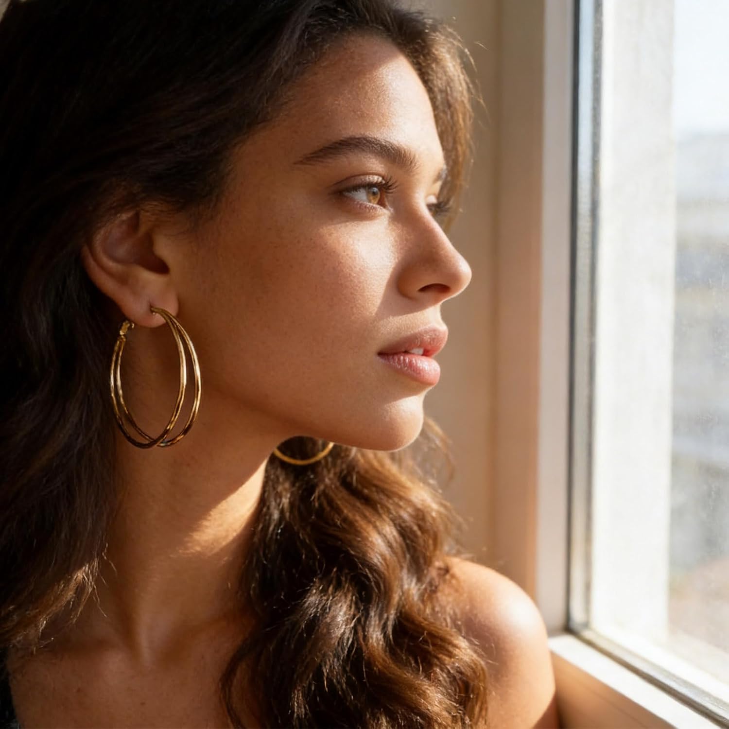 Gold Plated Exaggerated Round Hoop Earrings Double Ear Hoops Earring Polished Gold Hoop Earrings Large Circle Dangle Drop Earring Jewelry for Women - Image 3