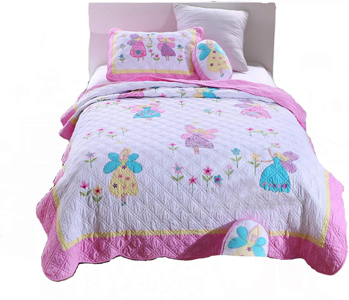 100% Cotton Bedspread Set Girls Bedding Collection Quilt and Sham Collection Twin Size with Hand Sew-on Flower Butterfly Fairy Toddler Children Girls Gift Idea