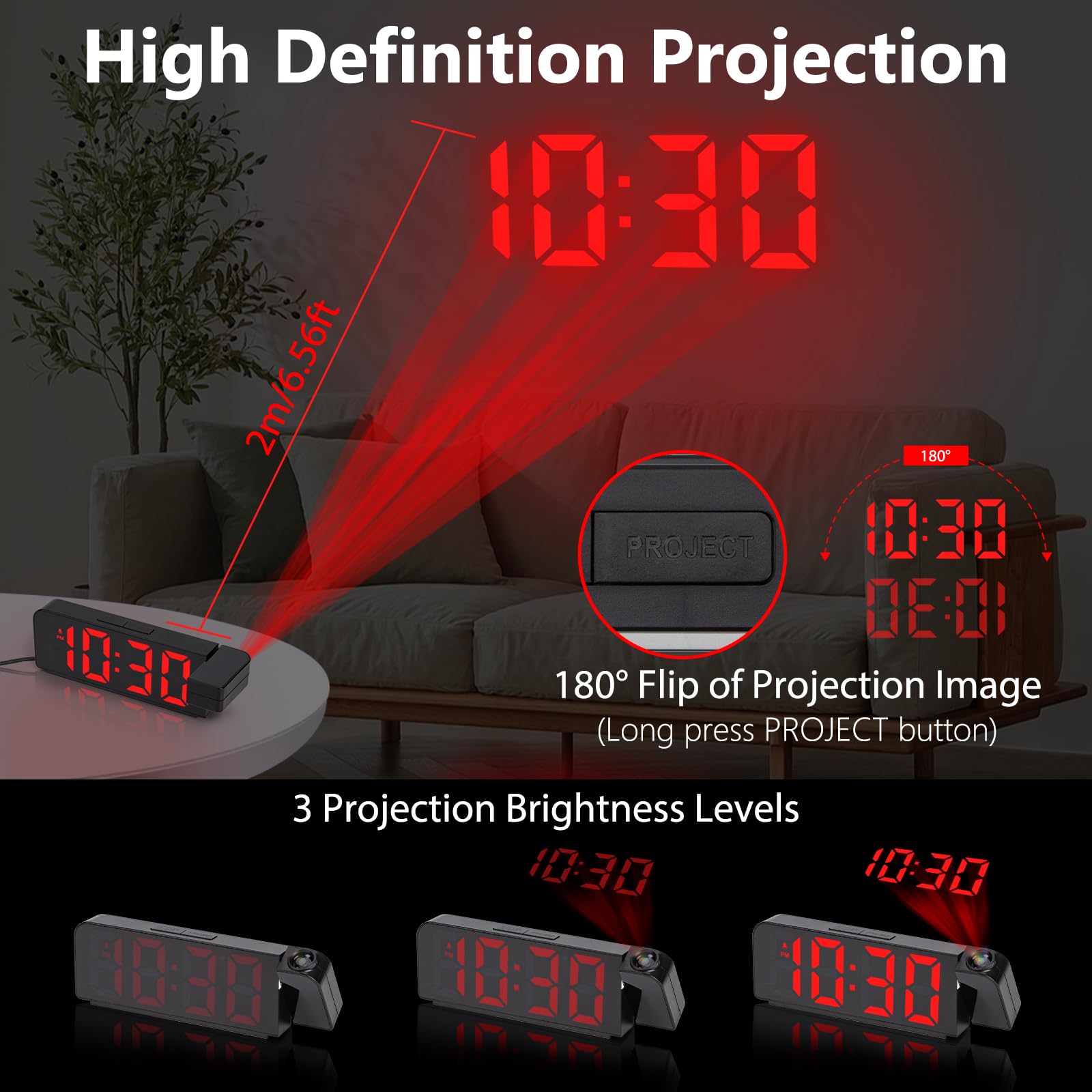 VIVILINEN Wecker mit Projektion Digitaler Projektionswecker mit 180° Drehbarem Deckenprojektor, Temperatur & Datum, RGB-Farbdisplay, 4 Helligkeitsstufen, Nachtmodus – Ideal für Schlafzimmer