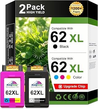KINGWAY 62XL Ink Cartridge Combo Pack Replacement for HP 62 Printer 2 PK