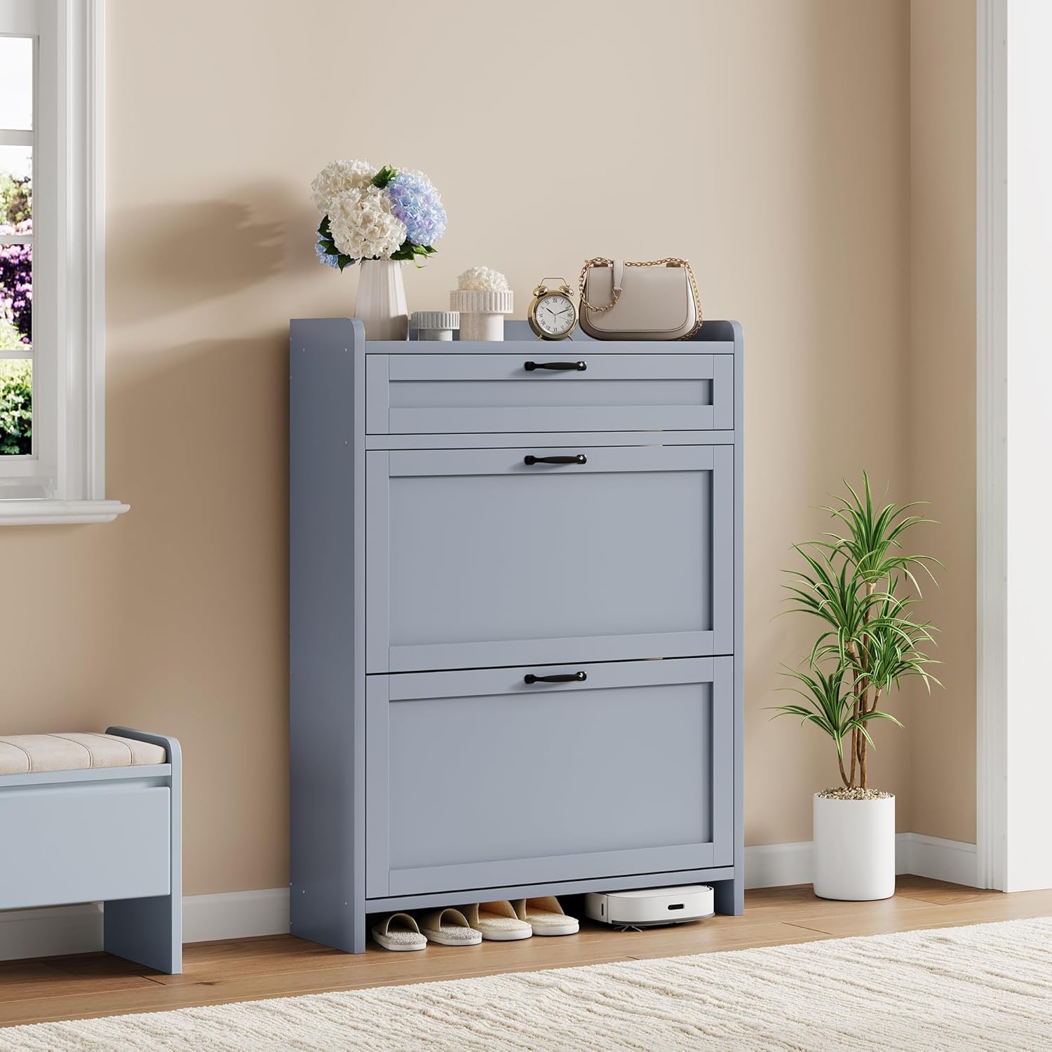 Shoe Cabinet with 2 Flip Drawers & 1 Top Drawer, Wooden Shoe Organizer Cabinet with Adjustable Shelf, Freestanding Shoe Storage Cabinets for Entryway, Hidden Shoe Storage for Hallway, Living Room